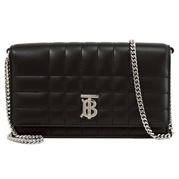 BURBERRY 8066177 Lola 絎縫格紋羊皮翻蓋斜背包.黑/銀