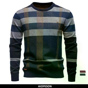 【AIOPESON】男士撞色毛衣 條紋圓領毛衣套頭衫 保暖毛衣針織衫 商務奢華冬季毛衣男 大尺碼毛衣男 冬季上衣