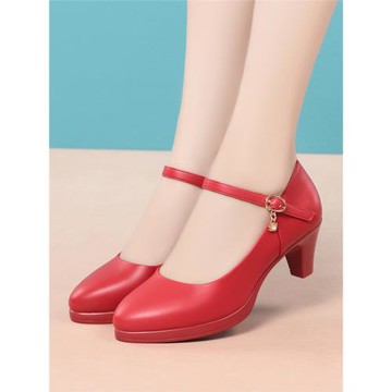 一字淺口扣帶中跟大碼職業皮鞋