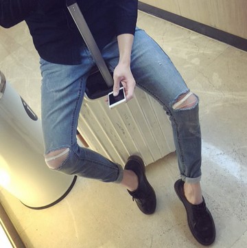 品 【JP.美日韓】復古 正品 刀割 破褲 多處破洞 高品質 彈性破褲 多處破褲 GD 爆裂褲 窄管 鉛筆褲 彈性牛仔