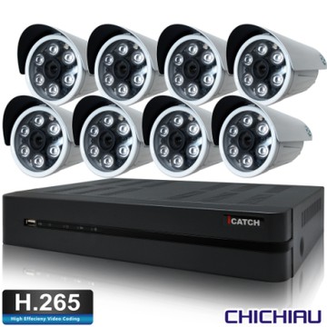 【CHICHIAU】H.265 8路5MP台製iCATCH數位高清遠端監控錄影主機(含高清1080P SONY 200萬畫素6陣列燈監視器攝影機x8)
