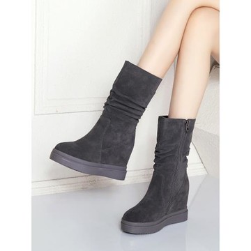 靴子女冬加厚真皮內增高雪地靴厚底中筒靴磨砂皮拉鏈坡跟大棉女靴