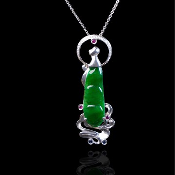 冰種老坑綠翡翠福豆項鍊 18K金鑽石 | 天然緬甸玉翡翠A貨 | 送禮