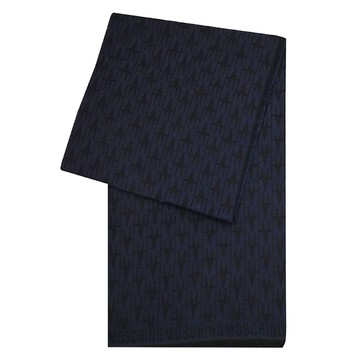 MOSCHINO 50195 M5664 滿版M LOGO撞色花紋羊毛長圍巾.深藍/黑