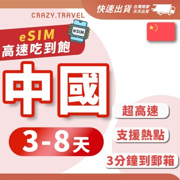 eSIM中國 3-7天短天數 網卡 免翻牆 總流量型 中國聯通 中國移動 北京/上海/廣州/深圳/廈門/香港 E-SIM