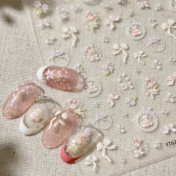 浮雕郁金香蝴蝶結小熊美甲貼紙 立體可愛花朵蕾絲風美甲素材 手繪感DIY指甲貼片裝飾 穿戴甲素材 美甲貼紙