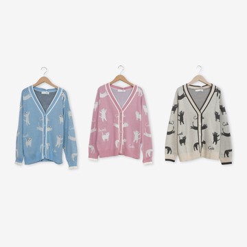 【Dailo】喵喵日常緹花V領針織外套 藍 粉 杏(魅力商品)