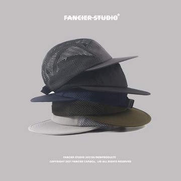 美式復古半網眼透氣平沿棒球帽男日系工裝插扣網面速干滑板帽女夏