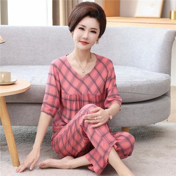 中老年人睡衣女夏純棉七分袖中袖長褲家居服夏季薄款中年媽媽套裝