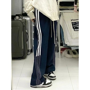 美式闊腿褲 條紋運動褲女 高腰長褲 垂感闊腿褲 褲子女 休閒褲 運動褲 寬鬆長褲 直筒褲子 休閒衛褲 寬褲 女生褲子