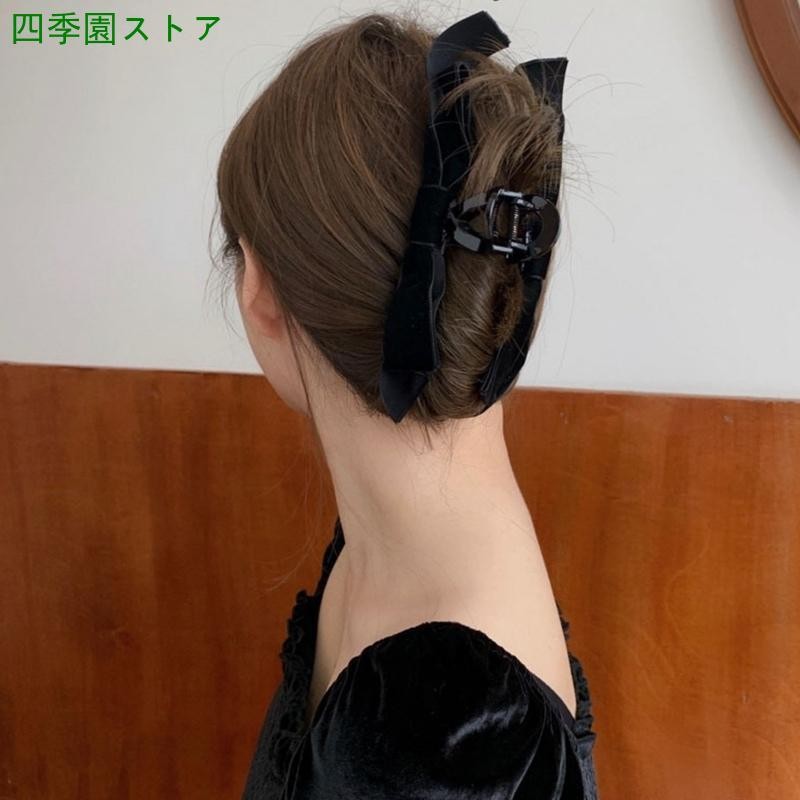 バンスクリップ ヘアクリップ リボン ブラック 黒 ベロア 韓国