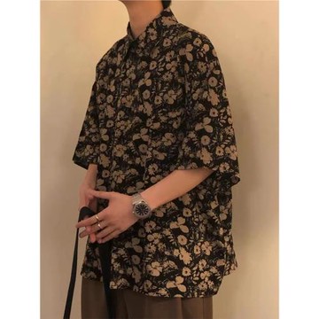 古著vintage古巴領碎花襯衫男女寬松港味設計感情侶沙灘短袖襯衣