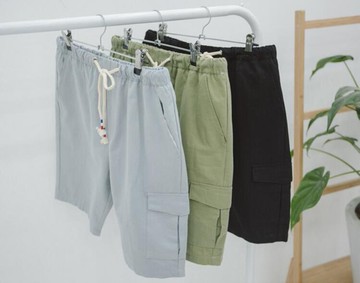 FINDSENSE MD 日系 男 時尚潮流 休閒 純色 鬆緊帶 口袋款 工裝短褲 短褲 休閒短褲