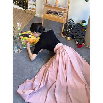 (免運)初晴獨立法式藝術感高腰粉色半身裙女冬新款掐腰溫柔大擺傘裙裙子