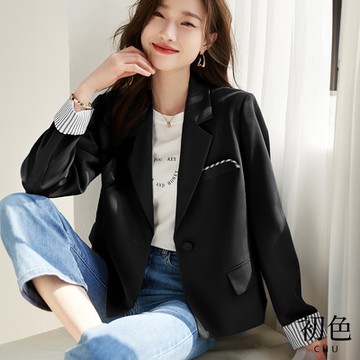 初色 拼色條紋西裝領長袖拼接西裝外套女外套-共2色-33305(M-2XL可選)