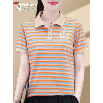 啄木鳥POLO領正肩短袖t恤女士2025新款夏季媽媽條紋名牌純棉上衣T