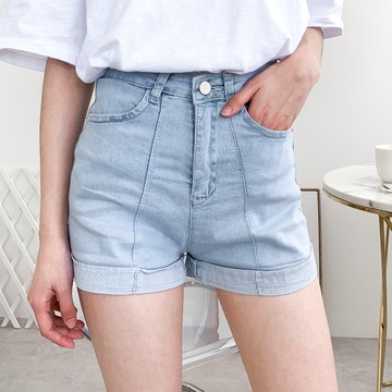 辣辣水洗前車線彈力反摺牛仔短褲 GJ13991【現貨】