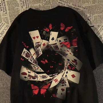 限時優惠 潮酷撲克牌印花短袖休閒上衣 NASA聯名重磅美式潮牌撲克牌蝴蝶印花短袖T恤男女夏季休閒上衣T