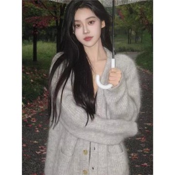 灰色馬海毛毛衣外套女秋冬季韓版慵懶高級感軟糯風中長款針織開衫