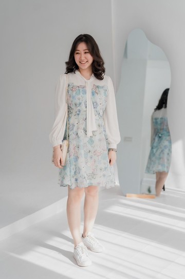 【波麗印花】大和公主 雪紡拼接長袖洋裝 皇后普蒂亞綠 客人穿搭