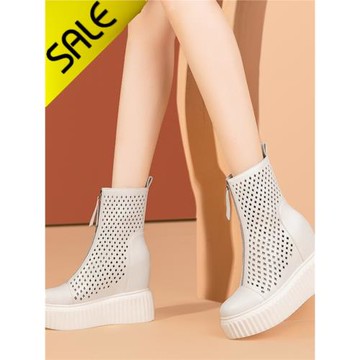 2025春夏白色厚底網紗涼靴女10cm內增高鏤空短靴真皮超高跟女靴潮