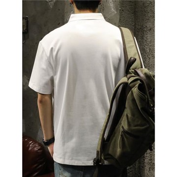 260g純棉純白翻領POLO衫美式高端成熟男士t恤夏季紐扣白襯衫短袖