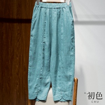 初色 棉麻風純色鬆緊中腰直筒哈倫褲休閒褲寬褲長褲-共5色-12008(M-2XL可選)