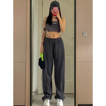 美式灰色運動褲女秋季冬寬松束腳顯瘦百搭高腰直筒休閑衛褲ins潮