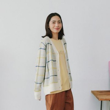 【Dailo】可愛鸚鵡配色格紋V領針織外套 藍 米