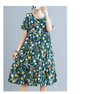 AKARA 繽紛色彩幸福春神短袖連身裙洋裝(3XL有做/ 蛋糕裙/ 拼接剪裁 /涼感綿綢)