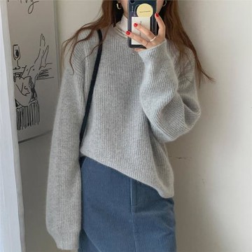 軟糯慵懶風圓領女寬松羊絨衫套頭針織外穿毛衣打底衫上衣2025秋季