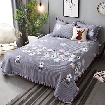 水晶絨床蓋三件套加厚夾棉絎縫床單冬季保暖毛毯單人蓋被子