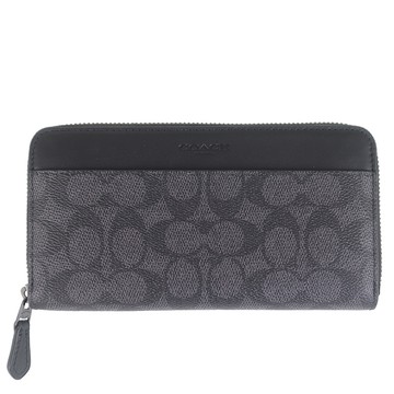 COACH 灰防水帆布黑皮飾邊壓印拉鍊長夾-12卡