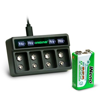 iNeno 9V/950可充式鋰電池(1入) + 9V鋰電/鎳氫 AI智能 LED顯示充電器-四槽