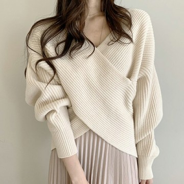 【米蘭精品】現貨+預購 法式長袖針織衫法式長袖針織衫上衣毛衣寬鬆大碼百搭女裝慵懶風交叉V領6色74mx40