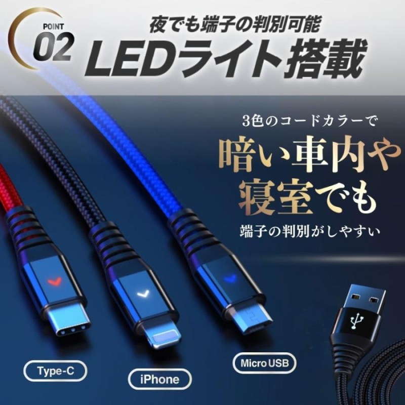 USBケーブル 急速充電 3in1 光る LED 充電ケーブル iPhone android