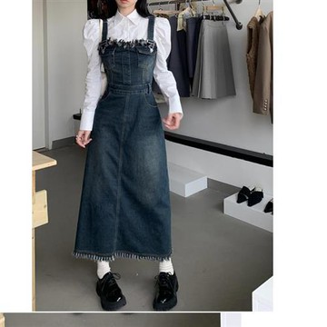 【米蘭精品】牛仔吊帶裙丹寧連身裙-平口毛邊腰帶收腰女裙子74kt8