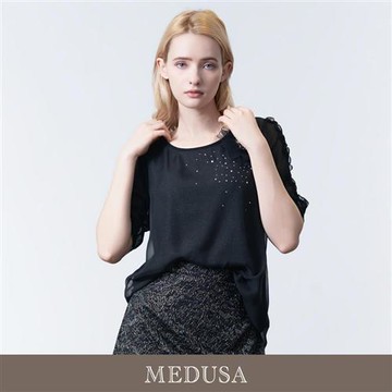 現貨【MEDUSA 曼度莎】閃紗花飾優雅雙層短袖上衣（M-2L）｜女短袖上衣 雙層設計 小禮服