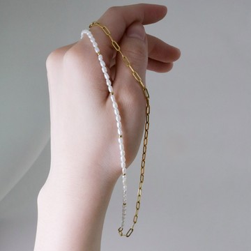 【MIESTILO】優雅｜米粒珍珠拼接項鍊精緻禮盒組(銀/金)