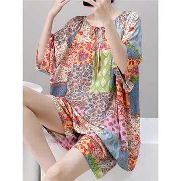 民族風短袖女士睡衣夏季薄款棉綢寬松人造棉家居服套裝休閑套裝薄