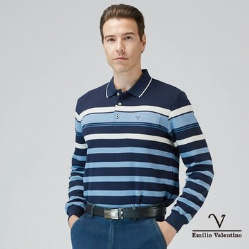 Emilio Valentino范倫鐵諾 保暖棉質磨毛定位長袖POLO衫 藍/白(15-3V7962)
