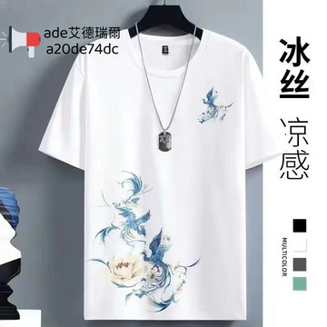 🔥爆款免運🔥男士冰絲短袖T恤 2024新款國風男t 夏季薄款國潮圓領半袖上衣 男士速干運動體恤 短袖男 t恤 短袖