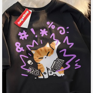 S~XL 萌寵 狂砸鍵盤橘貓 純棉 短T 情侶T【Y1359】MIT 情侶裝 短袖T恤 男女可穿 快速出貨不用等 班服