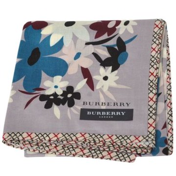 BURBERRY 經典斜格紋滾邊花卉圖騰字母LOGO帕領巾(灰色系/51CM)