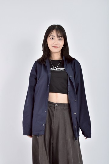 (L) united athle中性寬鬆質感尼龍排扣下擺抽繩藍色外套