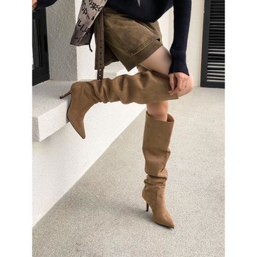 尖頭長靴女細跟秋冬及膝歐美風騎士靴高筒靴子絨面高跟瘦瘦堆堆靴