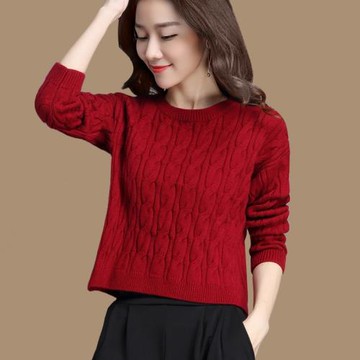 小款紅色低領短款毛衣女套頭小個子高腰時尚麻花打底針織羊毛衫冬