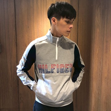 美國百分百【全新真品】Tommy Hilfiger 男 TH 長袖 T-shirt 高領 半拉鍊式 衛衣 灰藍 K080