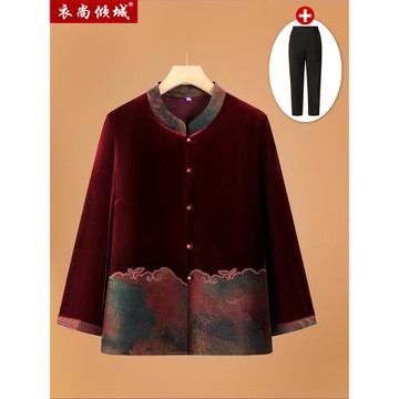媽媽裝秋款長袖襯衫中老年女裝春秋褲款金絲絨外套薄款高檔奶奶裝