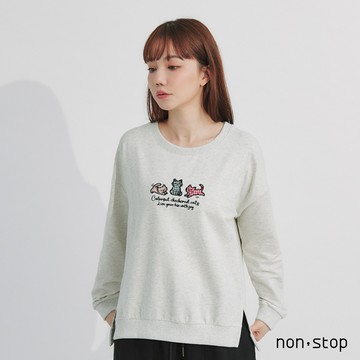 non-stop 方格喵咪刺繡側開衩T恤-2色